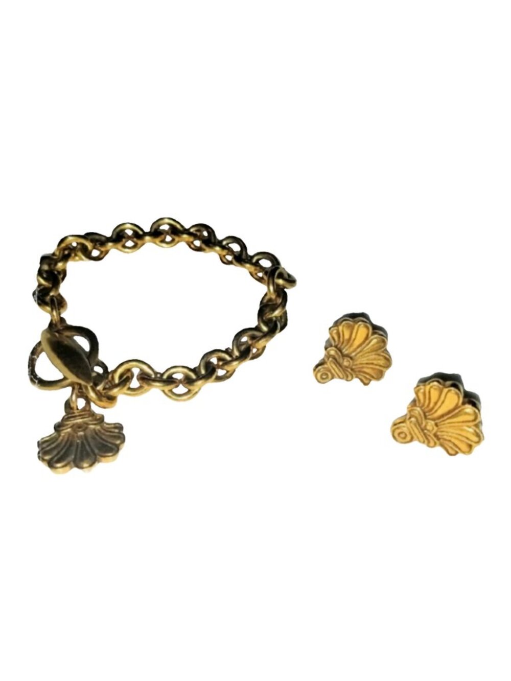 Gold Tone Clam Shell Earrings & Chunky Chain Link Bracelet